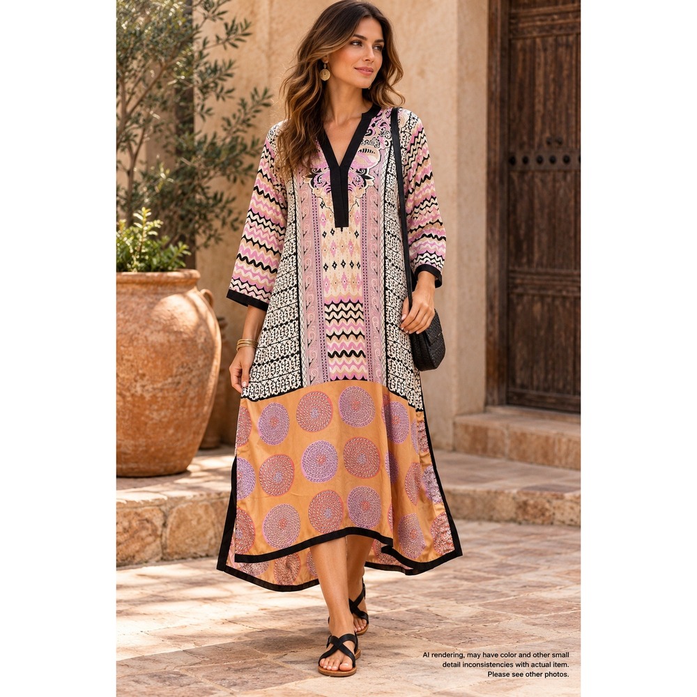 Boho Mixed Print Maxi Tunic Dress Pink Orange Eclectic Resort Wear Large XL